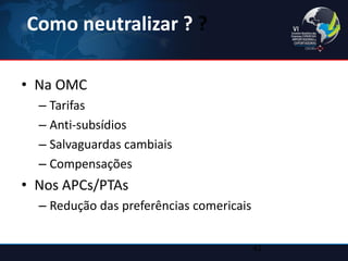 Como neutralizar ? ? 
•Na OMC 
–Tarifas 
–Anti-subsídios 
–Salvaguardas cambiais 
–Compensações 
•Nos APCs/PTAs 
–Redução das preferências comericais 
42  