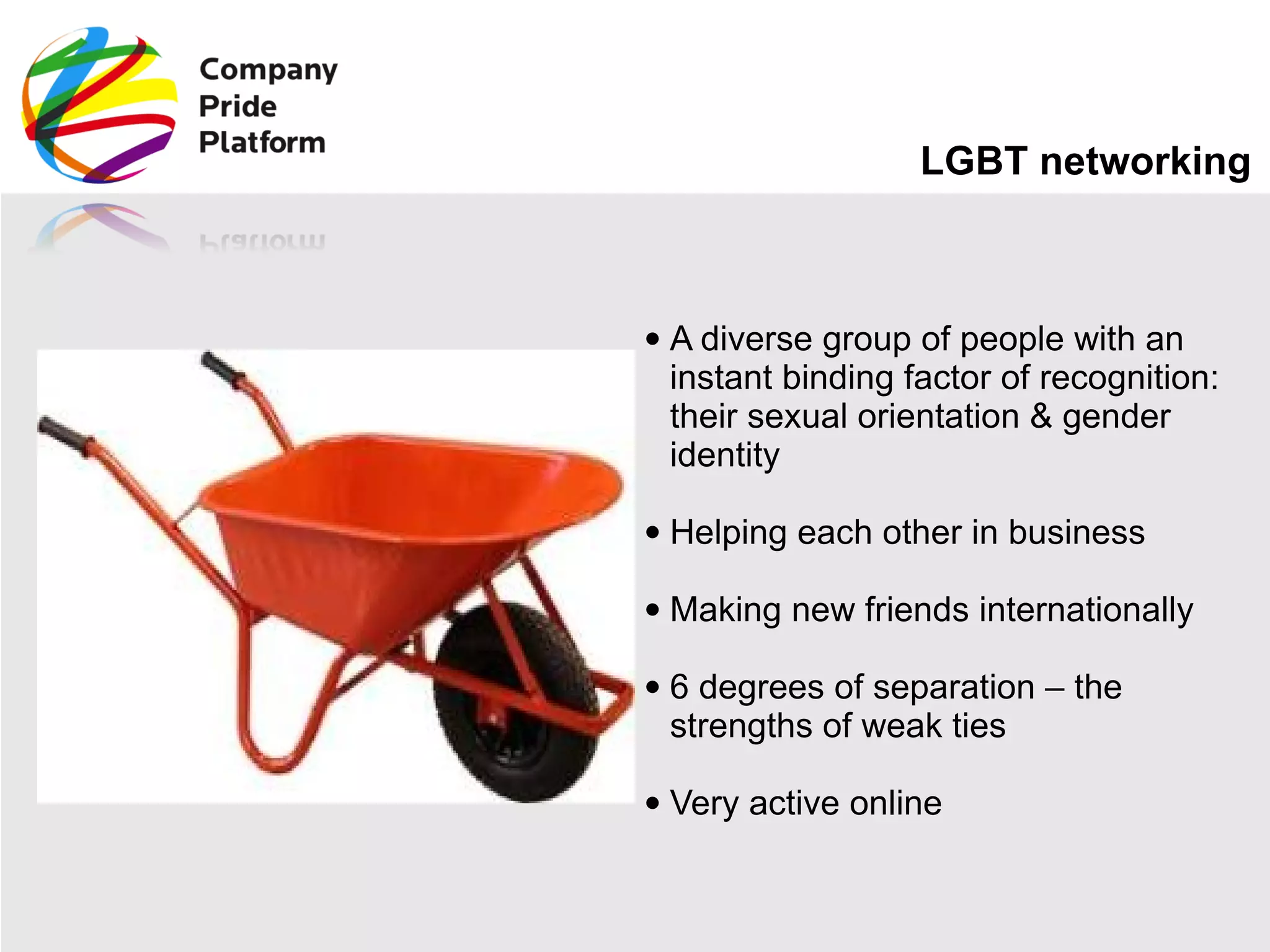LGBT networking A diverse group of people with an instant binding factor of recognition: their sexual orientation & gender identity Helping each other in business  Making new friends internationally 6 degrees of separation – the strengths of weak ties Very active online 
