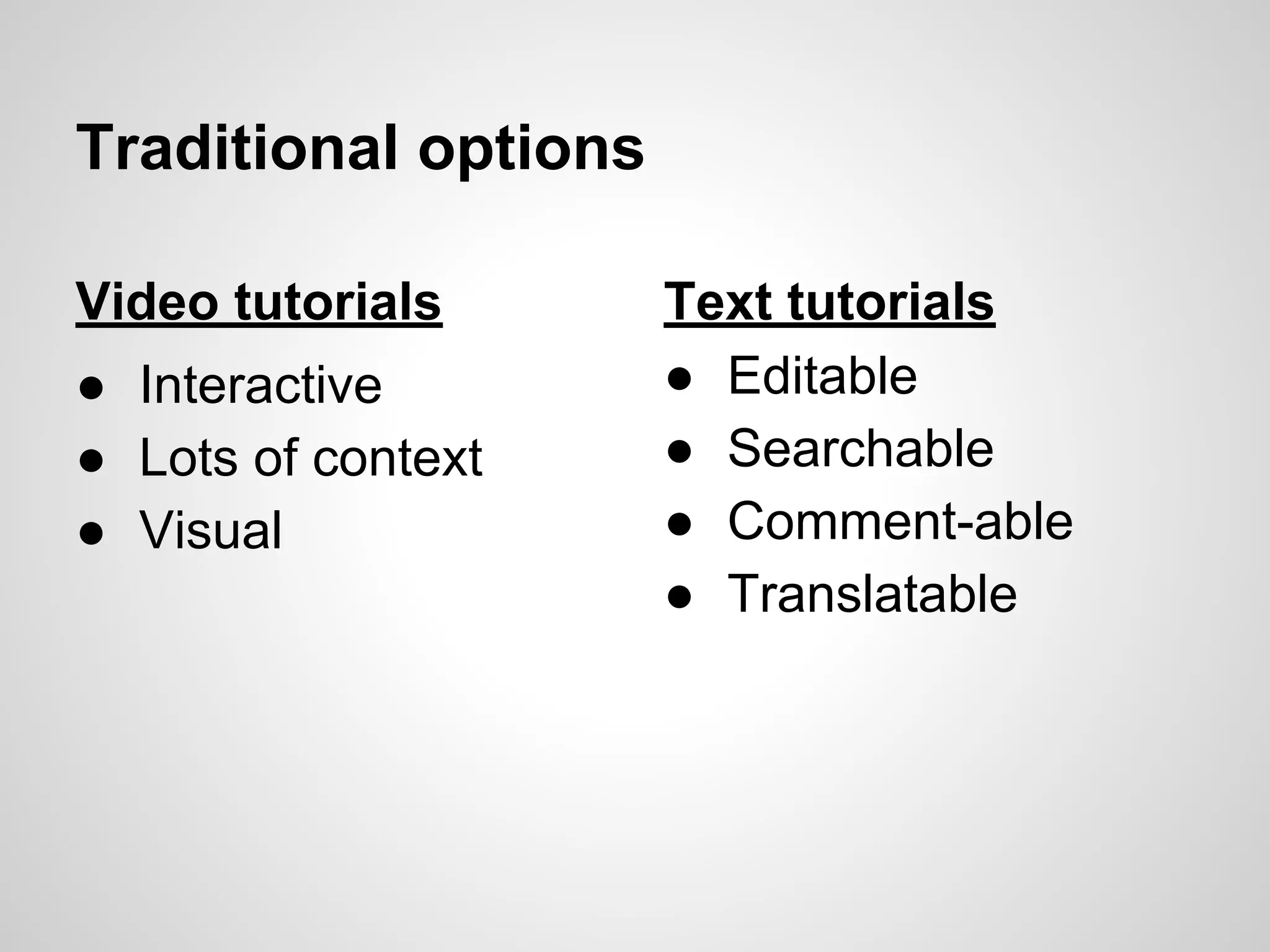 Traditional options
Video tutorials
● Interactive
● Lots of context
● Visual

Text tutorials
● Editable
● Searchable
● Comment-able
● Translatable

 