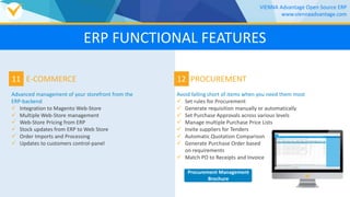 11
Advanced management of your storefront from the
ERP-backend
 Integration to Magento Web-Store
 Multiple Web-Store management
 Web-Store Pricing from ERP
 Stock updates from ERP to Web Store
 Order Imports and Processing
 Updates to customers control-panel
E-COMMERCE 12
Avoid falling short of items when you need them most
 Set rules for Procurement
 Generate requisition manually or automatically
 Set Purchase Approvals across various levels
 Manage multiple Purchase Price Lists
 Invite suppliers for Tenders
 Automatic Quotation Comparison
 Generate Purchase Order based
on requirements
 Match PO to Receipts and Invoice
PROCUREMENT
VIENNA Advantage Open Source ERP
www.viennaadvantage.com
ERP FUNCTIONAL FEATURES
Procurement Management
Brochure
 