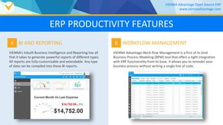 4
VIENNA’s Inbuilt Business Intelligence and Reporting has all
that it takes to generate powerful reports of different types.
All reports are fully customizable and extendable. Any type
of data can be compiled into these BI reports.
BI AND REPORTING 6
VIENNA Advantage Work-flow Management is a first of its kind
Business Process Modeling (BPM) tool that offers a tight integration
with ERP functionality from its base. It allows you to remodel your
business process without writing a single line of code.
WORKFLOW MANAGEMENT
VIENNA Advantage Open Source ERP
www.viennaadvantage.com
ERP PRODUCTIVITY FEATURES
 