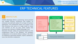 VIENNA Advantage delivers a pioneering, future-oriented
and scalable business architecture that proffers an
enhanced and well-built podium for all type of business
applications. The fundamental aspect of its layout is the
Data Dictionary that works on a single model to create
user interface on the run time, which implies that
functional user interface in VIENNA Advantage is not
fabricated through coding but generated based on the
configurations saved in the database. This facilitates
configurations to be altered without coding, in the event
of modifying or generating windows, reports, dashboards,
menu tree and other components.
1 ARHITECTURE
• Screens
• Reports
• Processes
• Database Structure
• Business Logic
Applications Dictionary
• Presentation
Management
• Role & Data Security
• Workflow Control
• Multi-tenancy
• Multi-lingual
• Transaction integrity
• Database Independence
User Interface
Client Server UI
HTML5 / Silverlight
UI
Reports &
Processes
Transaction Database
Transaction Engine
VIENNA Advantage Open Source ERP
www.viennaadvantage.com
ERP TECHNICAL FEATURES
 
