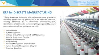 ERP for DISCRETE MANUFACTURING
VIENNA Advantage delivers an effectual manufacturing schema for
enhancing productivity by getting rid of all inefficient practices,
ensuring adherence to an immaculate manufacturing-plan,
identification of bottlenecks, and keeping things organized by ensure
processes are completed quickly and correctly.
 Product master
 BOM Management
 Multiple Units of Measurement & UOM Conversion
 Material Requirement Planning
 Work Order Management
 Wave Planning
 Resource Management & Optimization
 Human Resource Management & Payroll
 Reporting & Analytics
VIENNA Advantage Open Source ERP
www.viennaadvantage.com
Download our
DISCRETE MANUFACTURING Brochure
 