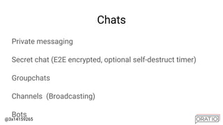 @3x14159265
Chats
Private messaging
Secret chat (E2E encrypted, optional self-destruct timer)
Groupchats
Channels (Broadcasting)
Bots