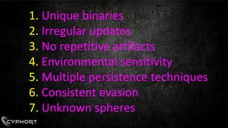 1.Unique binaries 
2.Irregular updates 
3.No repetitive artifacts 
4.Environmental sensitivity 
5.Multiple persistence techniques 
6.Consistent evasion 
7.Unknown spheres  