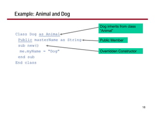 Example: Animal and Dog

                               Dog inherits from class
                               “Animal”
Class Dog as Animal
 Public masterName as String   Public Member
 sub new()
  me.myName = “Dog”            Overridden Constructor
 end sub
End class




                                                         18
 