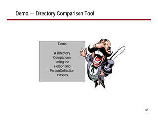 Demo — Directory Comparison Tool




                  Demo

               A Directory
               Comparison
                 using the
                Person and
             PersonCollection
                  classes




                                   35
 