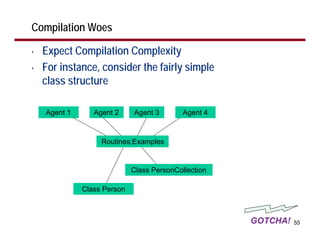 Compilation Woes

•   Expect Compilation Complexity
•   For instance, consider the fairly simple
    class structure

    Agent 1      Agent 2     Agent 3        Agent 4



                   Routines:Examples
                    Class Factory


                             Class PersonCollection

              Class Person



                                                      GOTCHA!   55
 