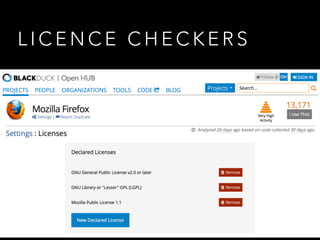 R O S E N ’ S C L A S S I F I C AT I O N
• Academic licenses: Academic licenses place no
requirements whatsoever on the license user.
• Reciprocal licenses: Require some form of reciprocity,
usually that any derivatives of the software be released
under the same license.
• Standard licenses: They seek to create a base standard of
software and documentation.
• Content licenses: Protect non-software elements, such as
pictures and music.
 