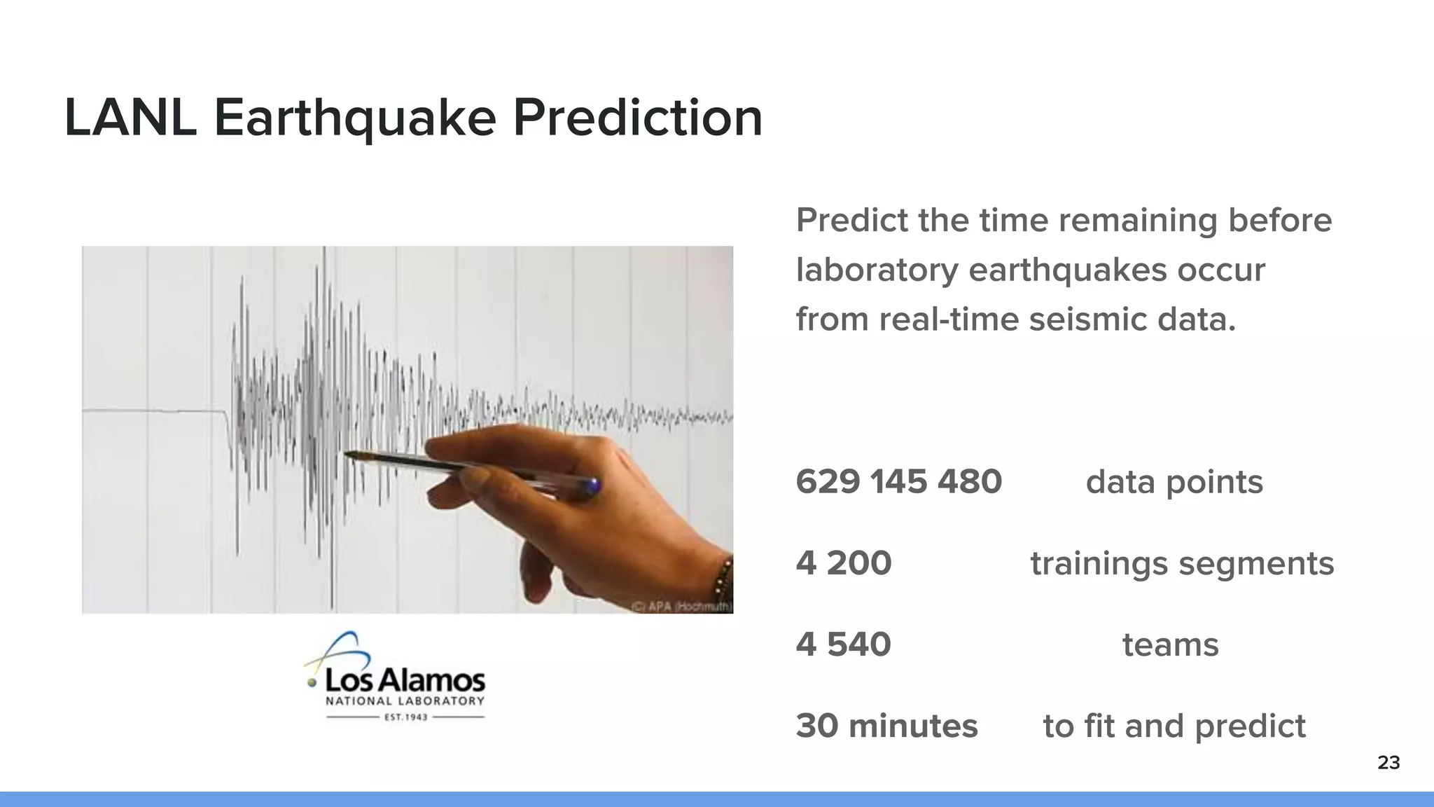LANL Earthquake Prediction
Predict the time remaining before
laboratory earthquakes occur
from real-time seismic data.
629 145 480 data points
4 200 trainings segments
4 540 teams
30 minutes to fit and predict
23
 