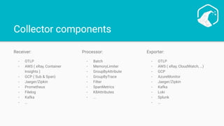 Collector components
Receiver:
- OTLP
- AWS ( xRay, Container
Insights )
- GCP ( Sub & Span)
- Jaeger/Zipkin
- Prometheus
- Filelog
- Kafka
- …
Processor:
- Batch
- MemoryLimiter
- GroupByAttribute
- GroupByTrace
- Filter
- SpanMetrics
- K8Attributes
- ...
Exporter:
- OTLP
- AWS ( xRay, CloudWatch, …)
- GCP
- AzureMonitor
- Jaeger/Zipkin
- Kafka
- Loki
- Splunk
- …
 