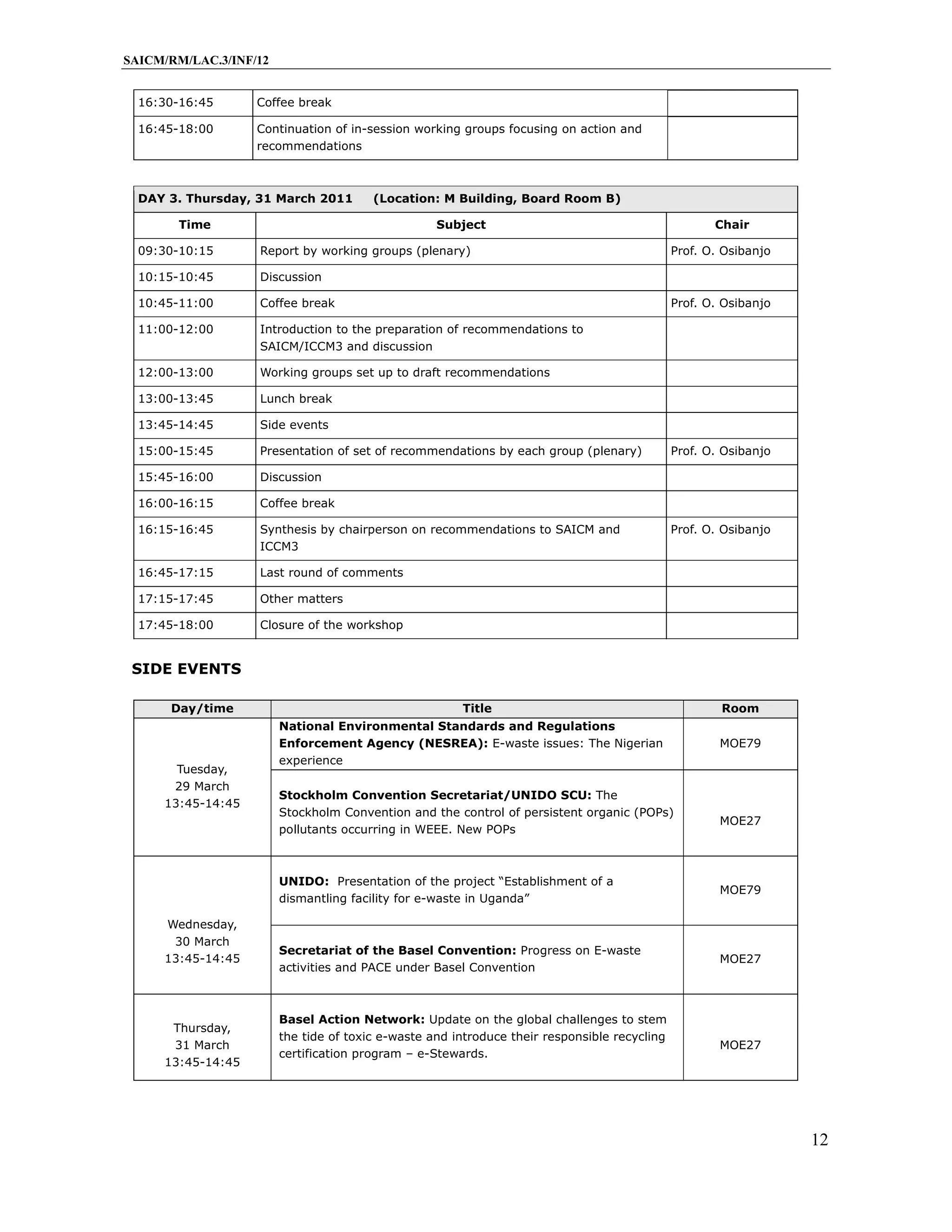 SAICM/RM/LAC.3/INF/12


  16:30-16:45      Coffee break

  16:45-18:00      Continuation of in-session working groups focusing on action and
                   recommendations



  DAY 3. Thursday, 31 March 2011        (Location: M Building, Board Room B)

       Time                                        Subject                                           Chair

  09:30-10:15      Report by working groups (plenary)                                         Prof. O. Osibanjo

  10:15-10:45      Discussion

  10:45-11:00      Coffee break                                                               Prof. O. Osibanjo

  11:00-12:00      Introduction to the preparation of recommendations to
                   SAICM/ICCM3 and discussion

  12:00-13:00      Working groups set up to draft recommendations

  13:00-13:45      Lunch break

  13:45-14:45      Side events

  15:00-15:45      Presentation of set of recommendations by each group (plenary)             Prof. O. Osibanjo

  15:45-16:00      Discussion

  16:00-16:15      Coffee break

  16:15-16:45      Synthesis by chairperson on recommendations to SAICM and                   Prof. O. Osibanjo
                   ICCM3

  16:45-17:15      Last round of comments

  17:15-17:45      Other matters

  17:45-18:00      Closure of the workshop


 SIDE EVENTS

      Day/time                                         Title                                          Room
                        National Environmental Standards and Regulations
                        Enforcement Agency (NESREA): E-waste issues: The Nigerian                     MOE79
                        experience
       Tuesday,
      29 March
                        Stockholm Convention Secretariat/UNIDO SCU: The
     13:45-14:45
                        Stockholm Convention and the control of persistent organic (POPs)
                                                                                                      MOE27
                        pollutants occurring in WEEE. New POPs



                        UNIDO: Presentation of the project “Establishment of a
                                                                                                      MOE79
                        dismantling facility for e-waste in Uganda”

     Wednesday,
      30 March
                        Secretariat of the Basel Convention: Progress on E-waste
     13:45-14:45                                                                                      MOE27
                        activities and PACE under Basel Convention



                        Basel Action Network: Update on the global challenges to stem
      Thursday,
                        the tide of toxic e-waste and introduce their responsible recycling
      31 March                                                                                        MOE27
                        certification program – e-Stewards.
     13:45-14:45




                                                                                                                  12
 