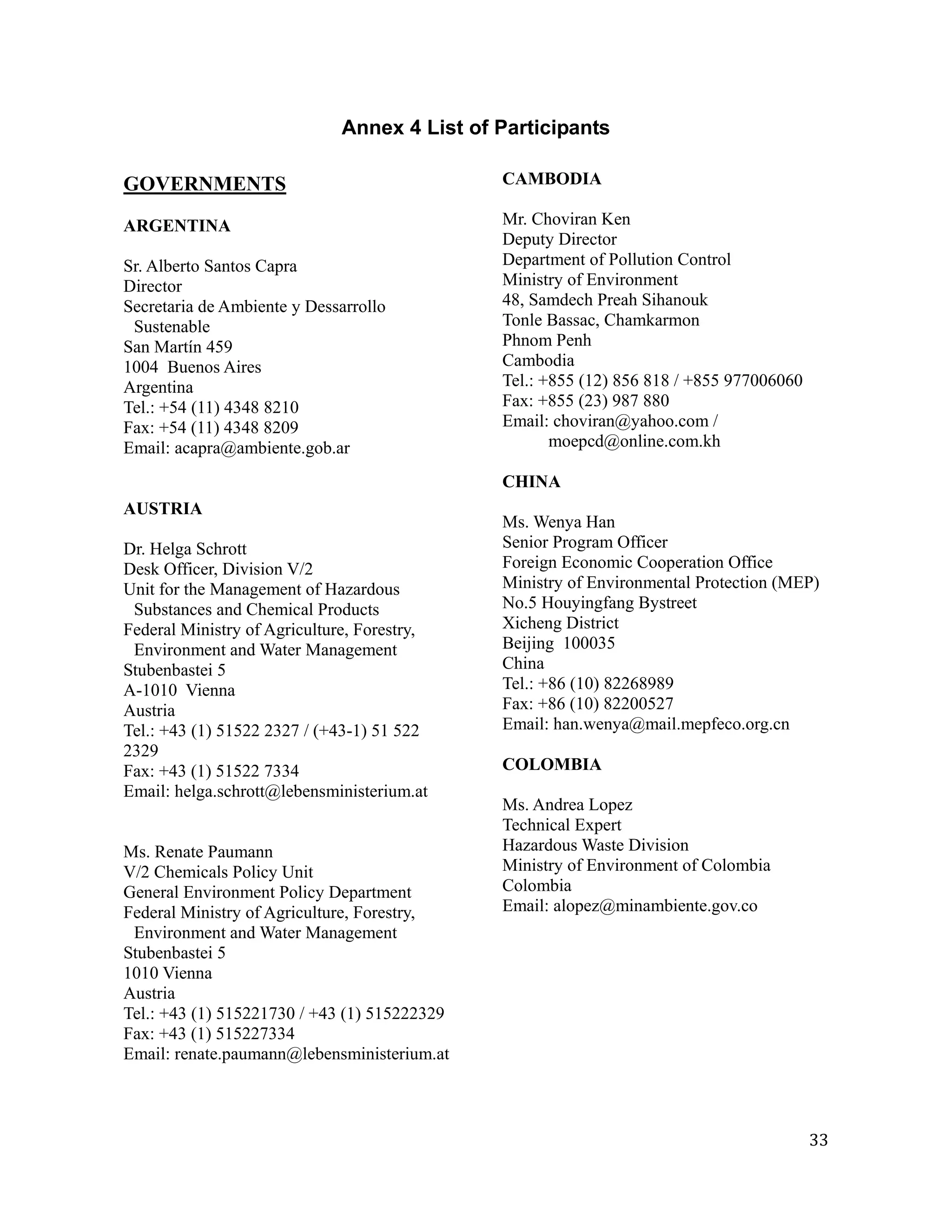 Annex 4 List of Participants

GOVERNMENTS                                   CAMBODIA

ARGENTINA                                     Mr. Choviran Ken
                                              Deputy Director
Sr. Alberto Santos Capra                      Department of Pollution Control
Director                                      Ministry of Environment
Secretaria de Ambiente y Dessarrollo          48, Samdech Preah Sihanouk
 Sustenable                                   Tonle Bassac, Chamkarmon
San Martín 459                                Phnom Penh
1004 Buenos Aires                             Cambodia
Argentina                                     Tel.: +855 (12) 856 818 / +855 977006060
Tel.: +54 (11) 4348 8210                      Fax: +855 (23) 987 880
Fax: +54 (11) 4348 8209                       Email: choviran@yahoo.com /
Email: acapra@ambiente.gob.ar                        moepcd@online.com.kh

                                              CHINA
AUSTRIA
                                              Ms. Wenya Han
Dr. Helga Schrott                             Senior Program Officer
Desk Officer, Division V/2                    Foreign Economic Cooperation Office
Unit for the Management of Hazardous          Ministry of Environmental Protection (MEP)
 Substances and Chemical Products             No.5 Houyingfang Bystreet
Federal Ministry of Agriculture, Forestry,    Xicheng District
 Environment and Water Management             Beijing 100035
Stubenbastei 5                                China
A-1010 Vienna                                 Tel.: +86 (10) 82268989
Austria                                       Fax: +86 (10) 82200527
Tel.: +43 (1) 51522 2327 / (+43-1) 51 522     Email: han.wenya@mail.mepfeco.org.cn
2329
Fax: +43 (1) 51522 7334                       COLOMBIA
Email: helga.schrott@lebensministerium.at
                                              Ms. Andrea Lopez
                                              Technical Expert
Ms. Renate Paumann                            Hazardous Waste Division
V/2 Chemicals Policy Unit                     Ministry of Environment of Colombia
General Environment Policy Department         Colombia
Federal Ministry of Agriculture, Forestry,    Email: alopez@minambiente.gov.co
 Environment and Water Management
Stubenbastei 5
1010 Vienna
Austria
Tel.: +43 (1) 515221730 / +43 (1) 515222329
Fax: +43 (1) 515227334
Email: renate.paumann@lebensministerium.at



                                                                                         33
 