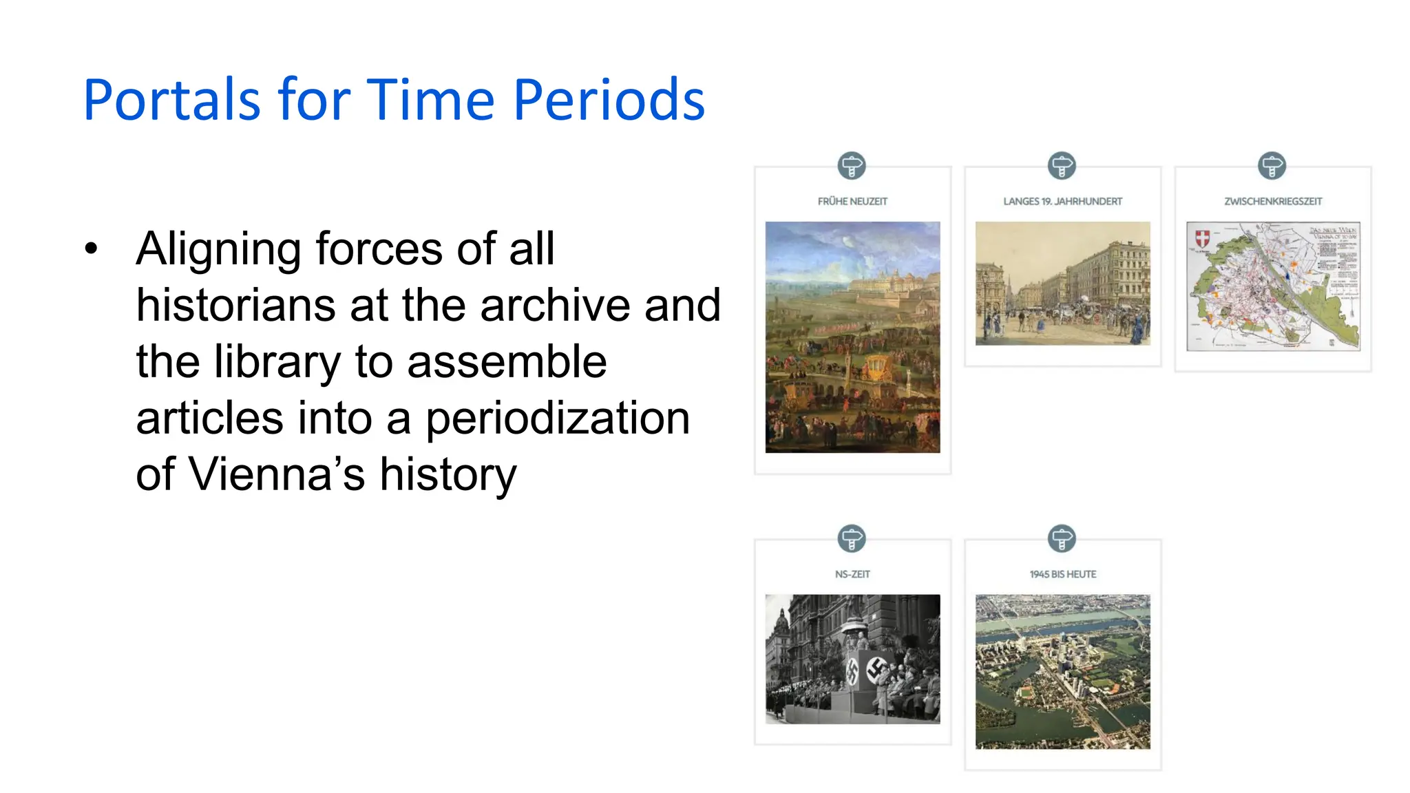 • Aligning forces of all
historians at the archive and
the library to assemble
articles into a periodization
of Vienna’s history
Portals for Time Periods
 