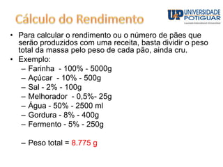 • Para calcular o rendimento ou o número de pães que
serão produzidos com uma receita, basta dividir o peso
total da massa pelo peso de cada pão, ainda cru.
• Exemplo:
– Farinha - 100% - 5000g
– Açúcar - 10% - 500g
– Sal - 2% - 100g
– Melhorador - 0,5%- 25g
– Água - 50% - 2500 ml
– Gordura - 8% - 400g
– Fermento - 5% - 250g
– Peso total = 8.775 g
 