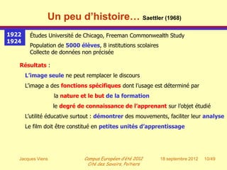 Un peu d’histoire… Saettler (1968)
1922    Études Université de Chicago, Freeman Commonwealth Study
1924
        Population de 5000 élèves, 8 institutions scolaires
        Collecte de données non précisée

   Résultats :
       L’image seule ne peut remplacer le discours
       L’image a des fonctions spécifiques dont l’usage est déterminé par
                   la nature et le but de la formation
                   le degré de connaissance de l’apprenant sur l’objet étudié
       L’utilité éducative surtout : démontrer des mouvements, faciliter leur analyse
       Le film doit être constitué en petites unités d’apprentissage




   Jacques Viens              Campus Européen d’été 2012      18 septembre 2012   10/49
                               Cité des Savoirs, Poitiers
 