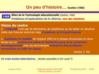 Un peu d’histoire… Saettler (1968)
         Bilan de la Technologie éducationnelle (Saettler, 1968)
 1968
         Problèmes d’implantation de la réforme, vers des solutions
Que les écoles, collèges et unités de formation des maîtres adoptent une vision EI…
Vision du centre
1- L’objectif n’est pas de démontrer, de disséminer dans des activités situation
Permettre l’engagement de jeunes apprentis-enseignants ou de tester en de
réelle deset de formation intégrées…. (Recherche-action-formation)
recherche théories externes mais d’explorer et d’expérimenter…

Instaurer des centres de recherche développement… (APOQUEBEC, 1985…)
2- Appliquer le modèle de Hylgard 1964 en 6 phases structurées en deux
temps sur un continuum entre la recherche pure et la recherche
Tester les théories et les hypothèses de façon systématique
développement avec les technologies menant à des pratiques
innovantes en salle de classe.la qualité du personnel, de l’orientation
L’efficacité des centres dépendra de
adoptée et des programmes appliqués. P.363                       Saettler, P. 366

De vrais écoles laboratoires… (écoles associées à Uni Laval ?)



      Jacques Viens             Campus Européen d’été 2012    18 septembre 2012   30/49
                                 Cité des Savoirs, Poitiers
 