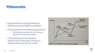 Yhteenveto
• Kysyntäshokit ovat lyhytaikaisia ja
kohdistuvat pienempään porukkaan
• Tarjontashokit ovat yleensä pysyvämpiä
– Kilpailukyky paranee → vienti kasvaa
pysyvämmin (tai toisin päin)
• Tulos yleistyy kansantalouteen
laajemminkin (klassinen dikotomia,
suhdanneteoria ja AD-AS -malli)
25.11.2025
 
