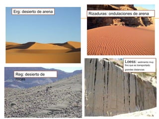 Erg: desierto de arena
                         Rizaduras: ondulaciones de arena
                         fina




                                            Loess: sedimento muy
                                            fino que es transportado
                                            grandes distancias

 Reg: desierto de
 rocas
 