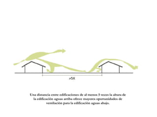Una distancia entre edificaciones de al menos 5 veces la altura de
la edificación aguas arriba ofrece mayores oportunidades de
ventilación para la edificación aguas abajo.
 