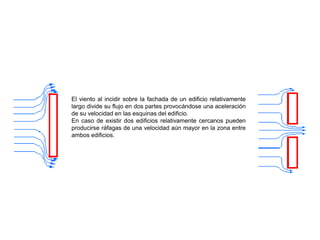 El viento al incidir sobre la fachada de un edificio relativamente
largo divide su flujo en dos partes provocándose una aceleración
de su velocidad en las esquinas del edificio.
En caso de existir dos edificios relativamente cercanos pueden
producirse ráfagas de una velocidad aún mayor en la zona entre
ambos edificios.
 