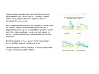 Colocar una barrera vegetal de protección frente al viento
según veremos en la unidad didáctica 6, donde se explica
cómo hacerla, se dan datos sobre especies arbóreas y
arbustivas, dimensiones, etc.
Hacer un pequeño terraplenado que defienda la edificación de
los vientos y no deje paramentos expuestos al mismo. El
pequeño espacio que quede entre el edificio y la pared puede
convertirse en un agradable y sombreado patio trasero en
verano y puede utilizarse como taller al aire libre en los días
templados.
Diseñar la cubierta de modo que los vientos resbalen por
encima de ella y abra una gran fachada al sur.
Ofrecer al viento la mínima superficie y curvarla para hacerla
“aerodinámica” y los vientos resbalen.
 