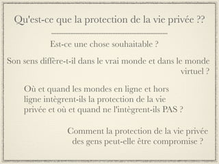 Qu'est-ce que la protection de la vie privée ??

            Est-ce une chose souhaitable ?
Son sens diffère-t-il dans le vrai monde et dans le monde
                                                   virtuel ?
     Où et quand les mondes en ligne et hors
     ligne intègrent-ils la protection de la vie
     privée et où et quand ne l'intègrent-ils PAS ?

                 Comment la protection de la vie privée
                  des gens peut-elle être compromise ?
 