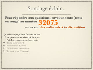 Sondage éclair...
Pour répondre aux questions, envoi un texto (texte
en rouge) au numéro
                              32075 à ta disposition
                     ou va sur des ordis mis

Je sais ce que je dois faire et ne pas
faire pour être en sécurité lorsque
  j’ai des échanges sur Internet.
  Tout à fait d’accord
  Partiellement d’accord
  Partiellement en désaccord
  Totalement en désaccord
 
