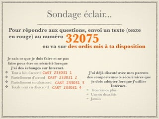 Sondage éclair...
Pour répondre aux questions, envoi un texto (texte
en rouge) au numéro
                            32075 à ta disposition
                   ou va sur des ordis mis

Je sais ce que je dois faire et ne pas
faire pour être en sécurité lorsque
  j’ai des échanges sur Internet.
  Tout à fait d’accord CAST 233031 1        J’ai déjà discuté avec mes parents
  Partiellement d’accord CAST 233031 2     des comportements sécuritaires que
  Partiellement en désaccord CAST 233031 3    je dois adopter lorsque j’utilise
  Totalement en désaccord CAST 233031 4                    Internet.
                                             Trois fois ou plus
                                             Une ou deux fois
                                             Jamais
 