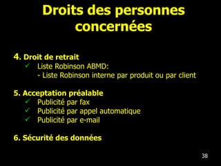 Droits des personnes concernées 4 . Droit de retrait  Liste Robinson ABMD: - Liste Robinson interne par produit ou par client 5. Acceptation préalable Publicité par fax Publicité par appel automatique Publicité par e-mail 6. S écurité  des donn ées   