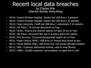 Recent local data breaches by  Charles Mok Internet Society Hong Kong 09.04 / United Christian Hospital / Doctor lost USB drive / 8 patients 09.03 / United Christian Hospital / Doctor lost USB drive / 47 patients 09.03 / Open University / Staff lost USB drive / undisclosed # of students 09.03 / HK Police / 70 internal documents on Foxy 09.02 / SCAA / Players and coaches salaries for past 10 yrs on Foxy 09.02 / HK Police / Personnel files lost in auxiliary police file cabinet 09.02 / Fire Services / 20 personnel/appraisal reports etc on Foxy 09.01 / Hawk Control, FEHD / USB drive w/ internal docs found on bus 08.12 / Social Welfare Dept / USB drives lost / 63 clients/109 data subjects 08.11 / BEA / Customer statements trashed, used to wrap flowers 08.07 / HSBC / 25,000 customers' conversations on tapes lost in mail 