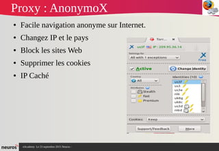 nAcademy Le 23 septembre 2015 Neuros -
Proxy : AnonymoX
● Facile navigation anonyme sur Internet.
● Changez IP et le pays
● Block les sites Web
● Supprimer les cookies
● IP Caché
 