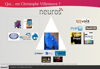 nAcademy Le 23 septembre 2015 Neuros -
Qui... est Christophe Villeneuve ?
<<
afup – lemug.fr – mysql – mariadb – drupal – demoscene – firefoxos – drupagora – phptour – forumphp – solutionlinux – demoinparis – ici et maintenant – eyrolles – editions eni – programmez – linux pratique – webriver – phptv – neuros - elephpant
 