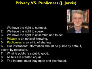 Privacy VS. Publicness (J. Jarvis)




1. We have the right to connect.
2. We have the right to speak.
3. We have the right to assemble and to act.
4. Privacy is an ethic of knowing.
5. Publicness is an ethic of sharing.
6. Our institutions' information should be public by default,
secret by necessity.
7. What is public is a public good.
8. All bits are created equal.
9. The Internet must stay open and distributed.
 