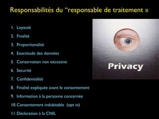 Responsabilités du “responsable de traitement »

1. Loyauté
2. Finalité
3. Proportionalité
4. Exactitude des données
5. Conservation non excessive
6. Securité
7. Confidentialité
8. Finalité expliquée avant le consentement
9. Information à la personne concernée
10. Consentement indubitable (opt in)
11. Déclaration à la CNIL
 