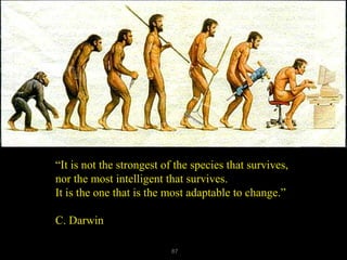 “It is not the strongest of the species that survives,
nor the most intelligent that survives.
It is the one that is the most adaptable to change.”

C. Darwin

                          87
 