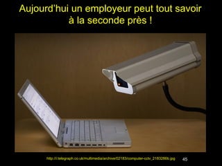 Aujourd’hui un employeur peut tout savoir
           à la seconde près !




      http://i.telegraph.co.uk/multimedia/archive/02183/computer-cctv_2183286b.jpg   45
 