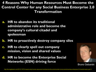 4 Reasons Why Human Resources Must Become the
Control Center for any Social Business Enterprise 2.0
                  Transformation

a. HR to abandon its traditional
   administrative role and become the
   company’s cultural citadel and
   spokesman
b. HR to proactively destroy company silos
c. HR to clearly spell out company
   mission, vision and shared values
d. HR to become the Enterprise Social
   Networks (ESN) driving force
                                                                                                                                    Bruno Gebarski
 http://brunogebarski.com/2012/11/07/4-reasons-why-human-resources-must-become-the-control-center-to-any-social-business-enterprise-2-0-transformation-part-1/
 
