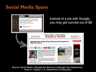 Social Media Spam

                                      Instead of a job with Google,
                                      you may get conned out of $$




  Source: Social Media: Manage the Security to Manage Your Experience;
              Ross C. Hughes, U.S. Department of Education
 