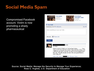 Social Media Spam

Compromised Facebook
account. Victim is now
promoting a shady
pharmaceutical




    Source: Social Media: Manage the Security to Manage Your Experience;
                Ross C. Hughes, U.S. Department of Education
 