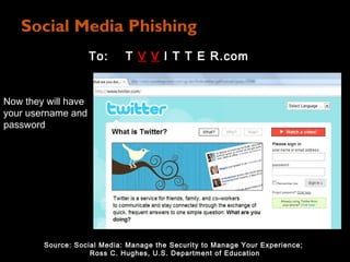 Social Media Phishing
                     To:     T V V I T T E R.com


Now they will have
your username and
password




        Source: Social Media: Manage the Security to Manage Your Experience;
                    Ross C. Hughes, U.S. Department of Education
 
