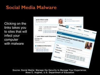 Social Media Malware


Clicking on the
links takes you
to sites that will
infect your
computer
with malware




      Source: Social Media: Manage the Security to Manage Your Experience;
                  Ross C. Hughes, U.S. Department of Education
 