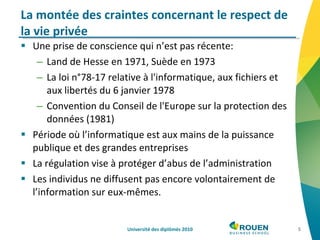 Une prise de conscience qui n’est pas récente: Land de Hesse en 1971, Suède en 1973 La loi n°78-17 relative à l'informatique, aux fichiers et aux libertés du 6 janvier 1978 Convention du Conseil de l'Europe sur la protection des données (1981) Période où l’informatique est aux mains de la puissance publique et des grandes entreprises La régulation vise à protéger d’abus de l’administration Les individus ne diffusent pas encore volontairement de l’information sur eux-mêmes. La montée des craintes concernant le respect de la vie privée Université des diplômés 2010 