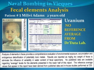 Naval Bombing in ViequesFecal elements AnalysisPatient # 1 Milivi Adams   2 years oldUranium NO  REFERENCEAVERAGE FROMDr’Data Lab.