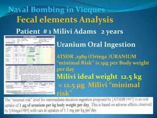 Naval Bombing in ViequesFecal elements AnalysisPatient  # 1 Milivi Adams   2 yearsUranium Oral IngestionATSDR ,1989 (Ortega )URANIUM “minimal Risk” is 1µg per Body weight per day  Milivi ideal weight  12.5 kg = 12.5 µg  Milivi “minimal risk”