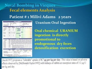 Naval Bombing in ViequesFecal elements AnalysisPatient # 1 Milivi Adams   2 yearsUranium Oral IngestionOral chemical  URANIUM ingestion  is directly  promotional to  endogenous  dry feces detoxification  excretion