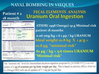 NAVAL BOMBING IN VIEQUESFECAL ELEMENTS  ANALYSIS    Patient # 2 18 month Uranium Oral Ingestion ATSDR( 1998 Omega) 1µ g Minimal riskpatient 18 months 0.o6 1mg/kg = 6 1 µp / kg URANIUM   Ideal weight 10.8 kg  X  1 µ/g =10.8 µg  “minimal risk” 61 µg / kg = 5.6 times URANIUM “Minimal risk” ATSDT  1997 - Nivelminino de ToxicidadQuinica  “riesgominino” intermedio -duracion en  ingesta  oral,  1 mcg (µg)/kg      de peso  pordia de URANIUM  paciente  #2 , 61 mcg(µgevacu)Pesa 6.5 kg X  1 mcg(µg) = 6.5 mcg (µg)6.5 mcg(µg) “riesgominimotoxicidad” y  61 mcg(µg) de  desintoxicación exógena(DC) o evacuacion de un dia.