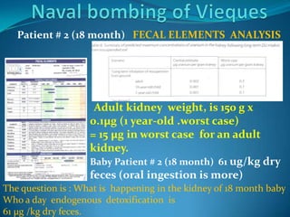 Naval bombing of ViequesPatient # 2 (18 month) FECAL ELEMENTS  ANALYSIS    Adult kidney  weight, is 150 g x 0.1µg (1 year-old .worst case)= 15 µg in worst case  for an adult  kidney.Baby Patient # 2 (18 month)  61 ug/kg dry feces (0ral ingestion is more)The question is : What is  happening in the kidney of 18 month baby  Who a day  endogenous  detoxification  is 61 µg /kg dry feces.