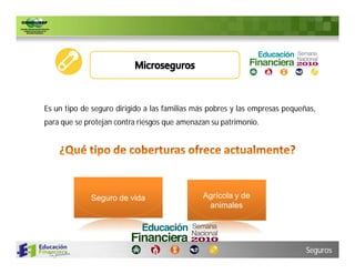 Es un tipo de seguro dirigido a las familias más pobres y las empresas pequeñas,
para que se protejan contra riesgos que amenazan su patrimonio.
                                                              .




             Seguro de vida                   Agrícola y de
                                               animales




                                                                             Seguros
 