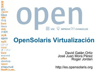 USE      IMPROVE   EVANGELIZE




OpenSolaris Virtualización
                      David Galán Ortiz
                  José Juan Mora Pérez
                          Roger Jordan

                 http://es.opensolaris.org
 